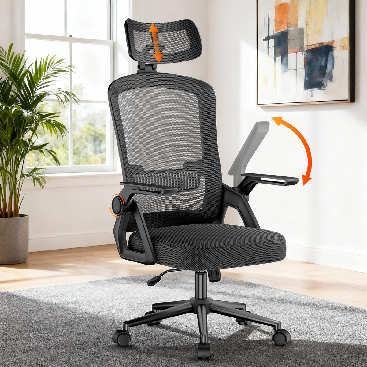 DREHSTUHL Mesh Schwarz ergonomisch klappbare Armlehnen - Schwarz, Metall (23.5/52/62.5cm) - Rattrix