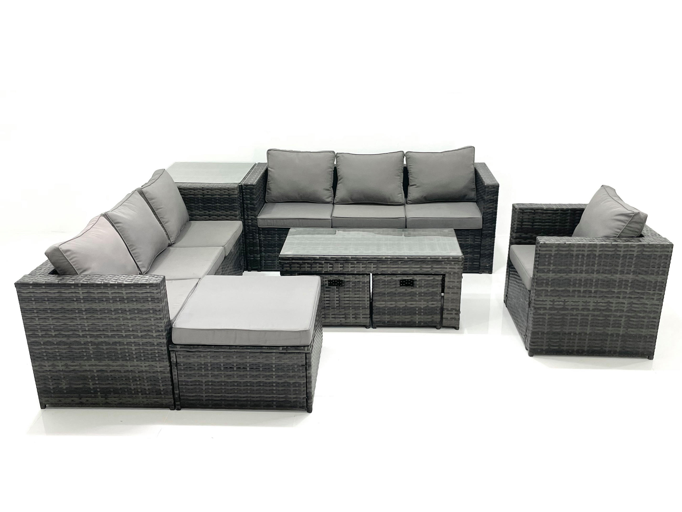 GARTENMÖBEL-SET COUCHTISCH SESSEL SOFA mit HOCKER Polyrattan Dunkelgrau Gemischt 10-Sitzer - Dunkelgrau/Grau, Glas/Kunststoff - Fimous