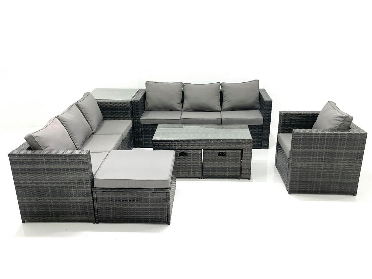GARTENMÖBEL-SET COUCHTISCH SESSEL SOFA mit HOCKER Polyrattan Dunkelgrau Gemischt 10-Sitzer - Dunkelgrau/Grau, Glas/Kunststoff - Fimous