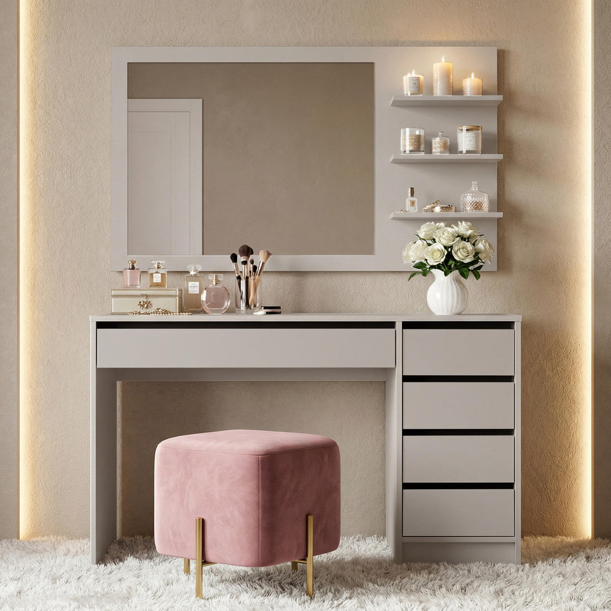 TOALETNÍ stolek Malta s 5 zásuvkami, se zrcadlem, bez úchytek, kašmír - černá/kašmírová, kov/kompozitní dřevo (120/145.5/57cm) - Beautysofa