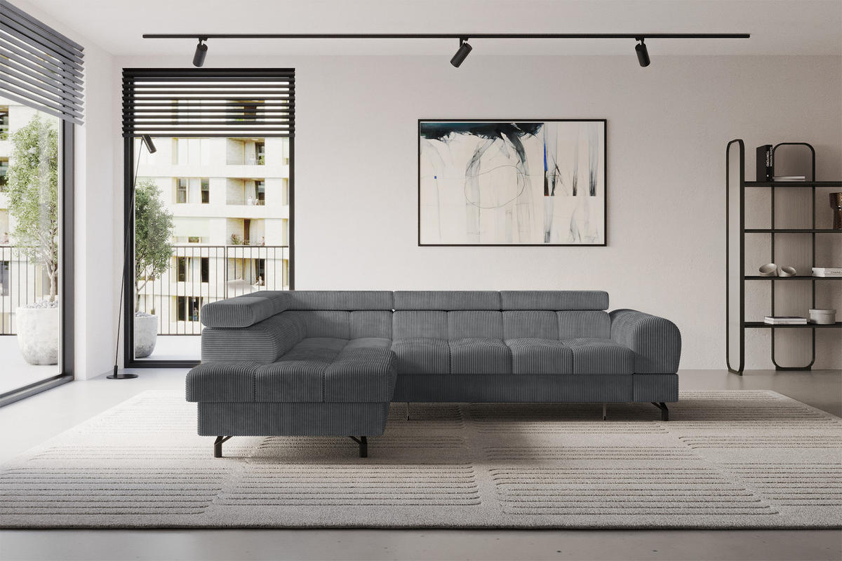 ECKSOFA mit Schlaffunktion Ottomane Links LUMA-L 272x203x70 Dunkelgrau Cord - Graphitfarben/Schwarz, Holzwerkstoff/Kunststoff (272/203cm) - ALTDECOR