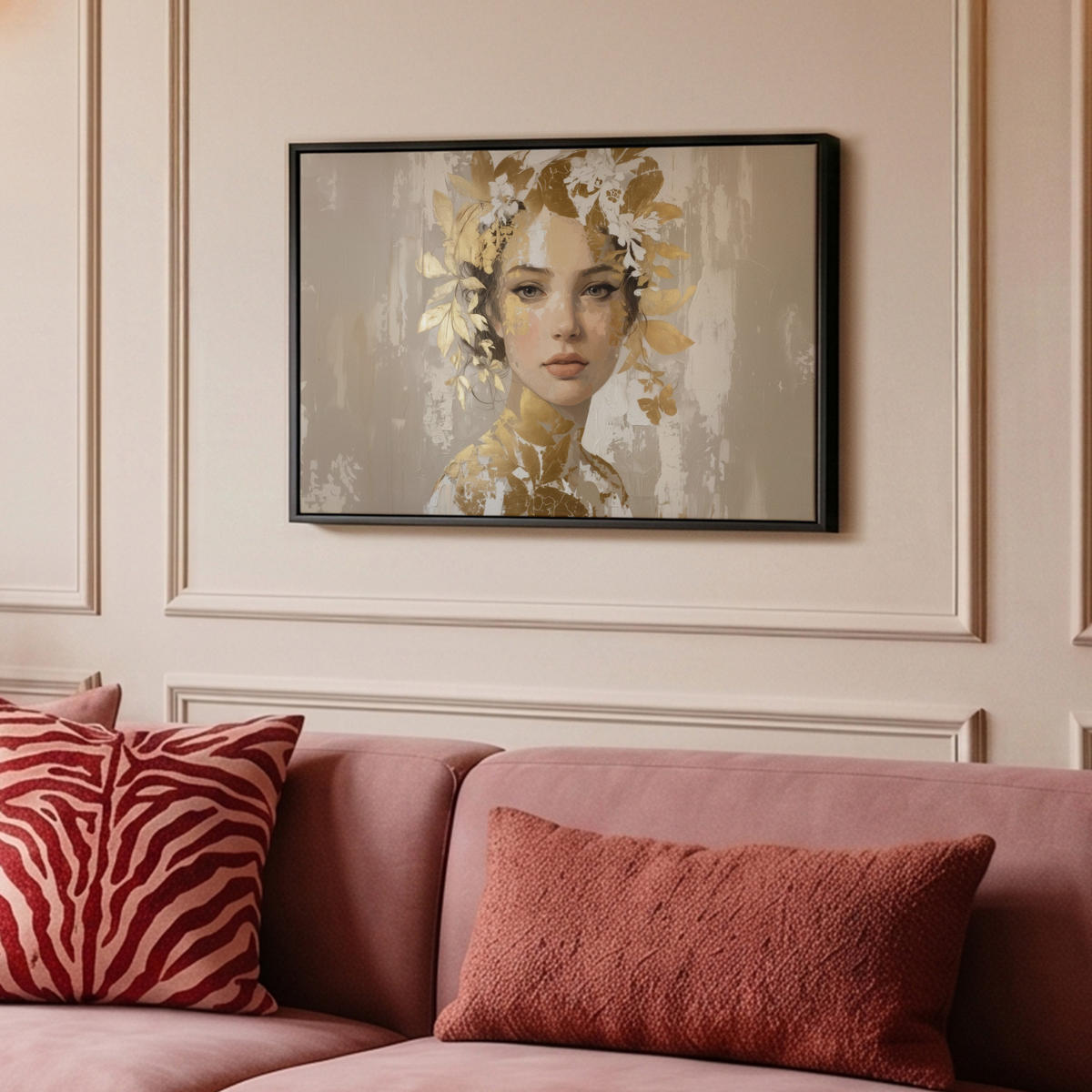 LEINWAND Bilder mit Rahmen - Gesicht - Frau - Blätter - Gold - 60x40 - Beige, Textil (60/40cm) - MuchoWow
