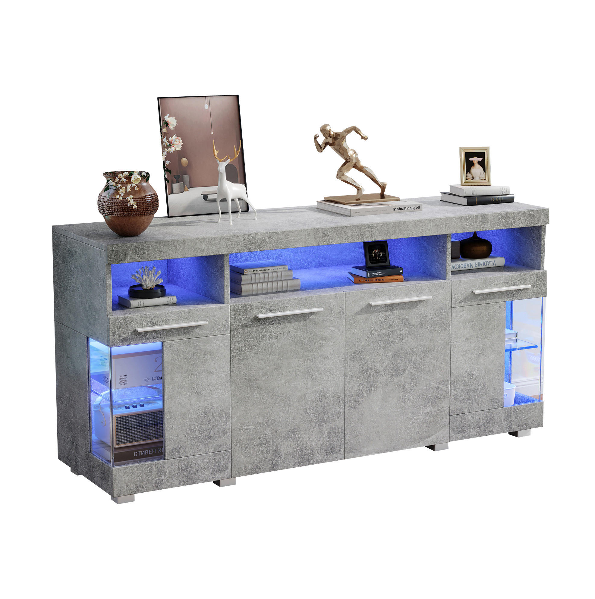 SIDEBOARD 140/40/70 cm in Zementgrau mit LED-Beleuchtung und Glastüren - Grau, Holzwerkstoff (140/70/40cm) - Flora Grace