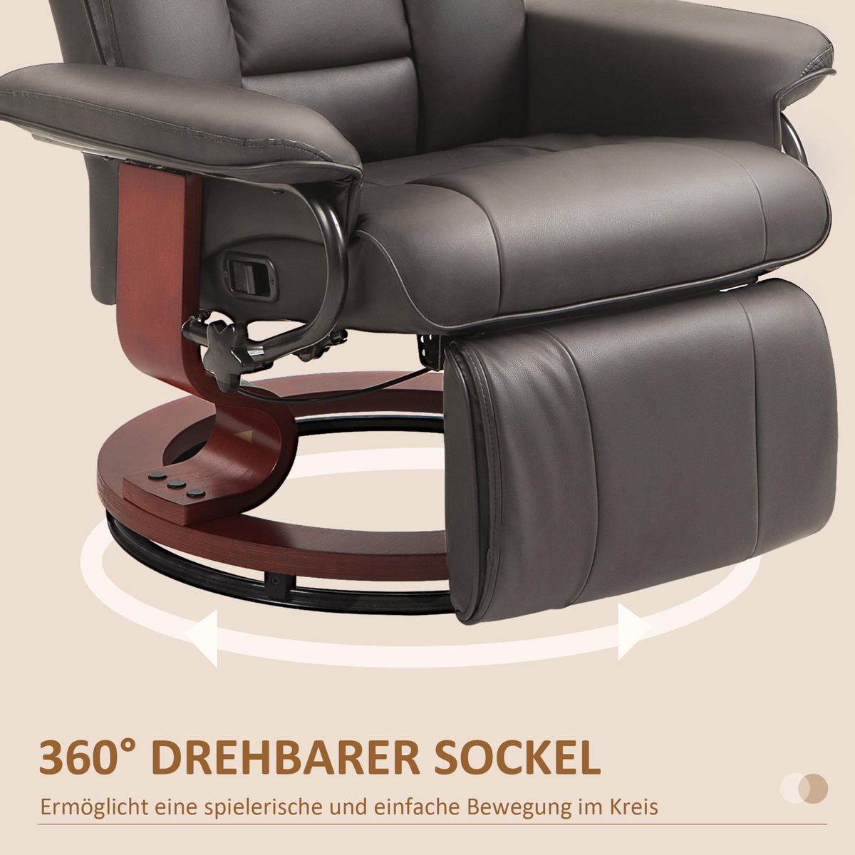 RELAXSESSEL, drehbarer TV-Sessel, Liegefunktion, Fußstütze, Lederoptik, Braun - Braun, Leder (88/103/78cm) - HOMCOM