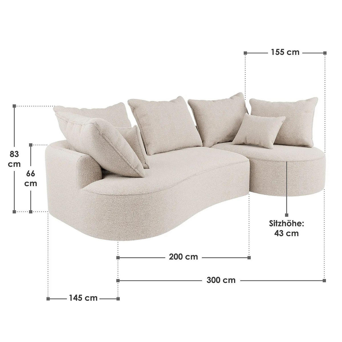 SOFA Tirano Bouclé Creme mit Ottomane rechts - Creme, Textil (300/102cm) - Juskys