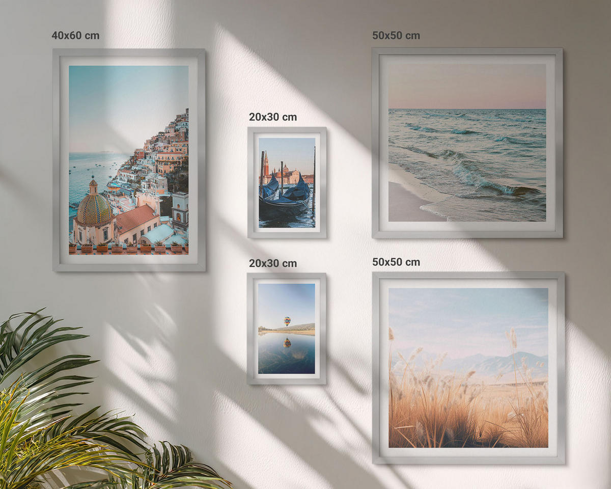 BILDER SET 5er Set - 50x50 cm & 20x30 cm & 40x60 cm Silberner Rahmen - Vögel im Flug, Himmel, Mond - Silberfarben, Kunststoff (40/60cm) - TULUP
