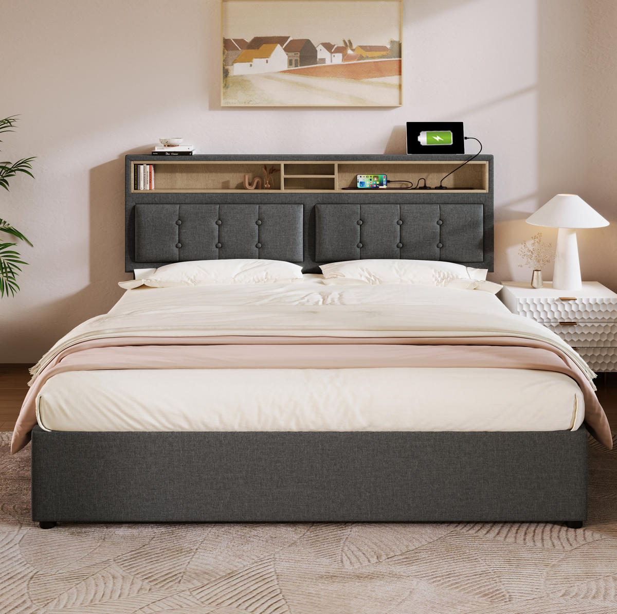 ČALÚNENÁ posteľ z ľanu 140x200 cm sivá s nastaviteľným čelom, USB-C a úložným priestorom - sivá, textil (140/200cm) - Modfu