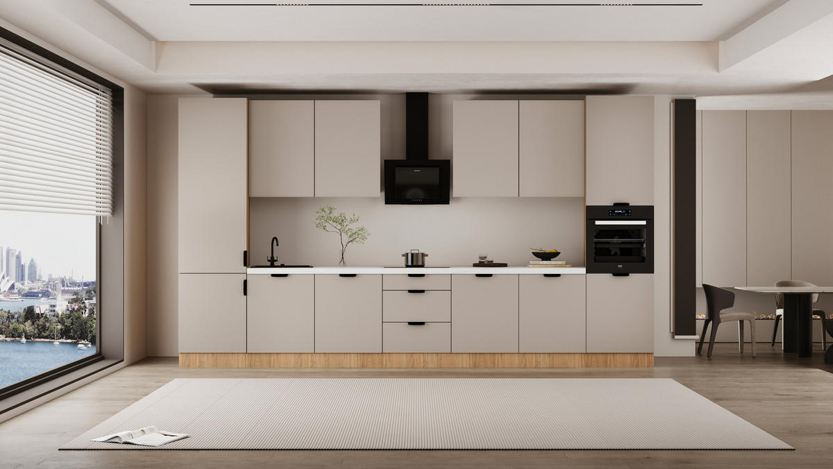 KÜCHENZEILE 420 cm - SorentoKS7-M420 - in Beige / Sonoma Eiche - Beige/Schwarz, Holz/Metall (420/247/58cm)