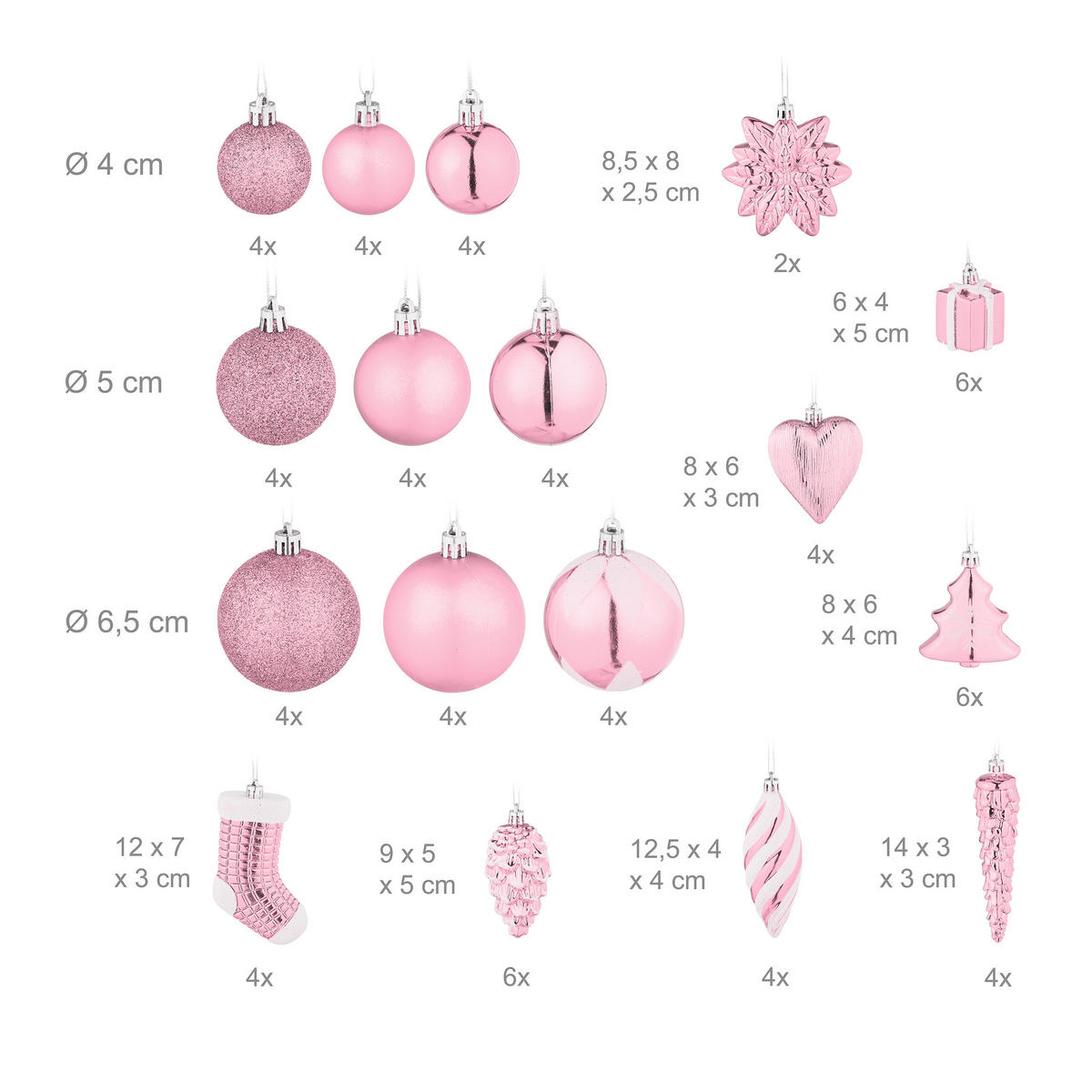 72-TLG.WEIHNACHTSKUGELN-SET - Rosa, Kunststoff (38/24/12cm) - Relaxdays