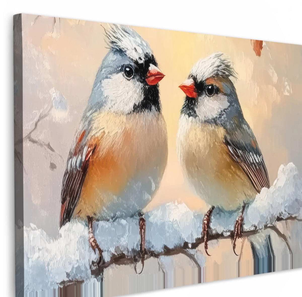 LEINWANDBILD Vögel - Zweig - Winter - Schnee XXL 150x100 cm - Pastellblau, Textil (150/100cm) - MuchoWow
