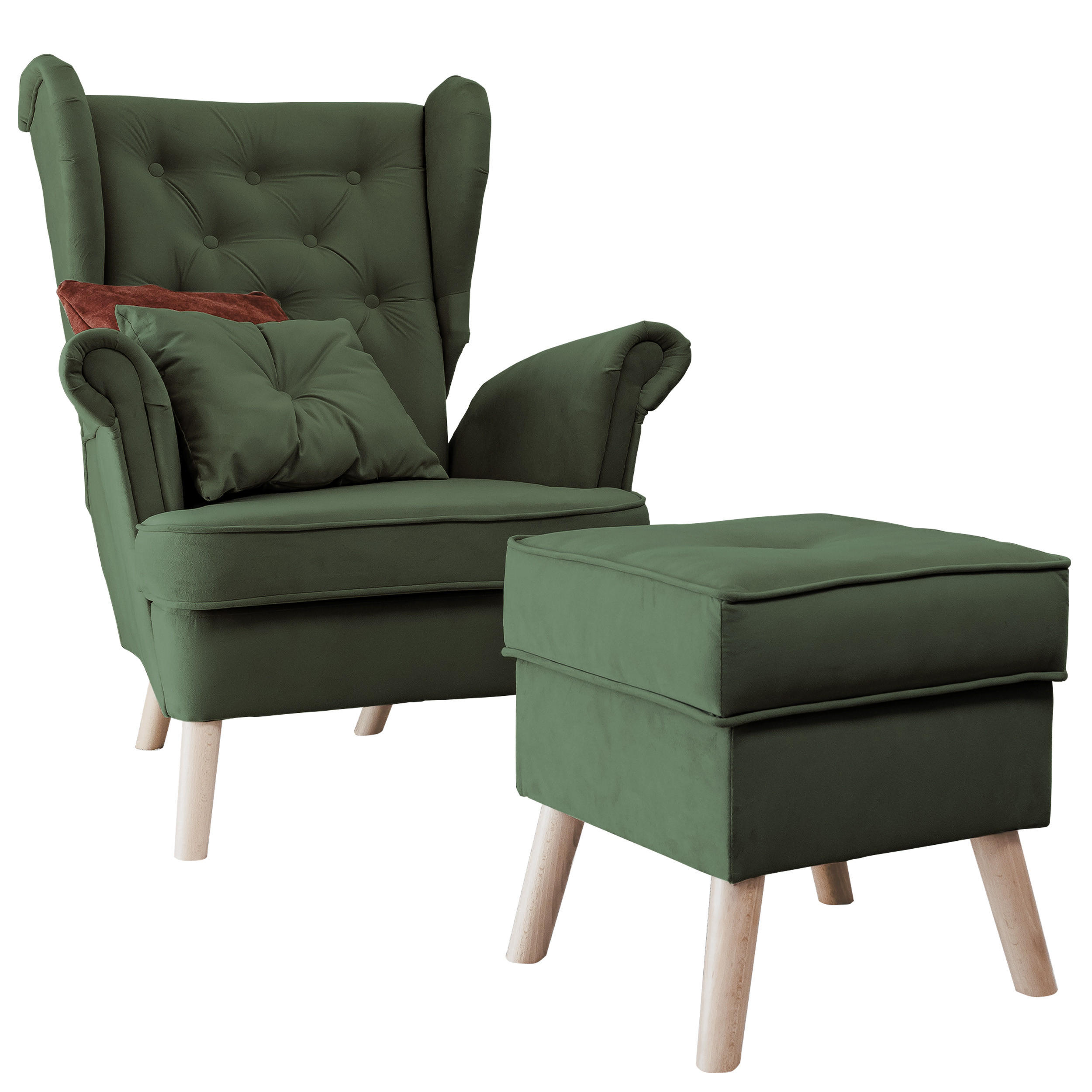 SESSEL mit Fußhocker Classic - Grün, Holz (92/107/80cm) - Idohome