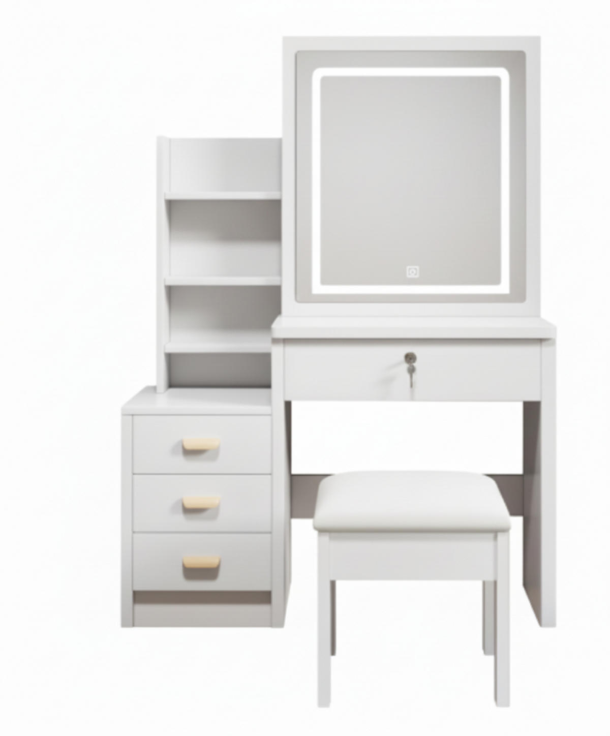 SCHMINKTISCH-SET 85 cm in Weiß mit LED-Spiegel, Hocker & verspiegelten Schiebetüren - Weiß, Holzwerkstoff (85/130/36cm) - Urban Meuble