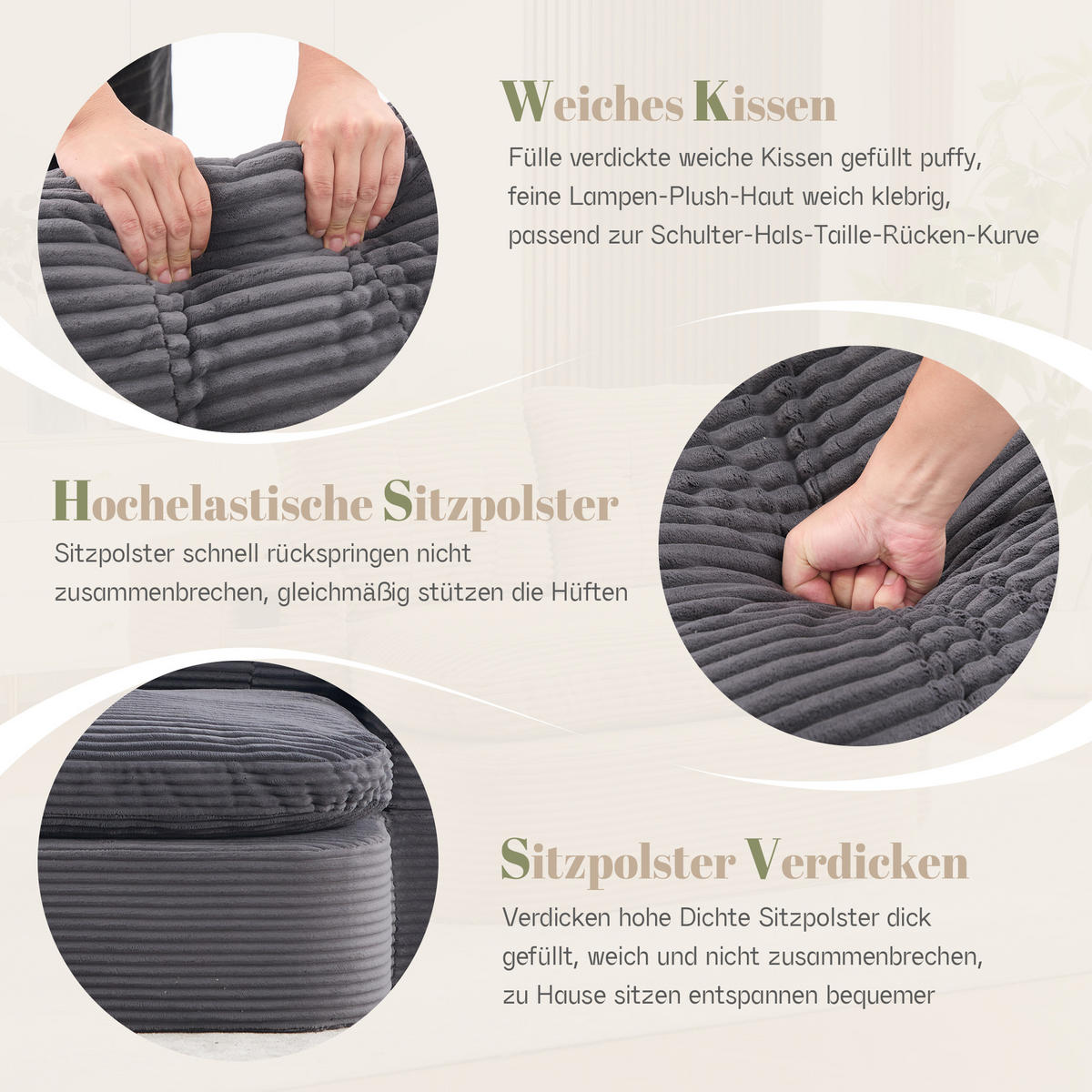 SOFA 2-in-1 mit Liegefunktion und Getränkehaltern aus Cord Dunkelgrau - Dunkelgrau, Textil (165/61/97cm) - EVRYAE