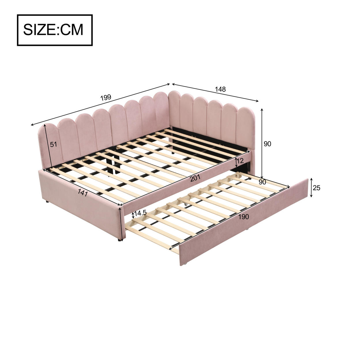 AUSZIEHBETT 140/230/200 cm DE-02037, in Rosa, mit L-Form - Pink, Metall (140/200cm) - ComfortXL