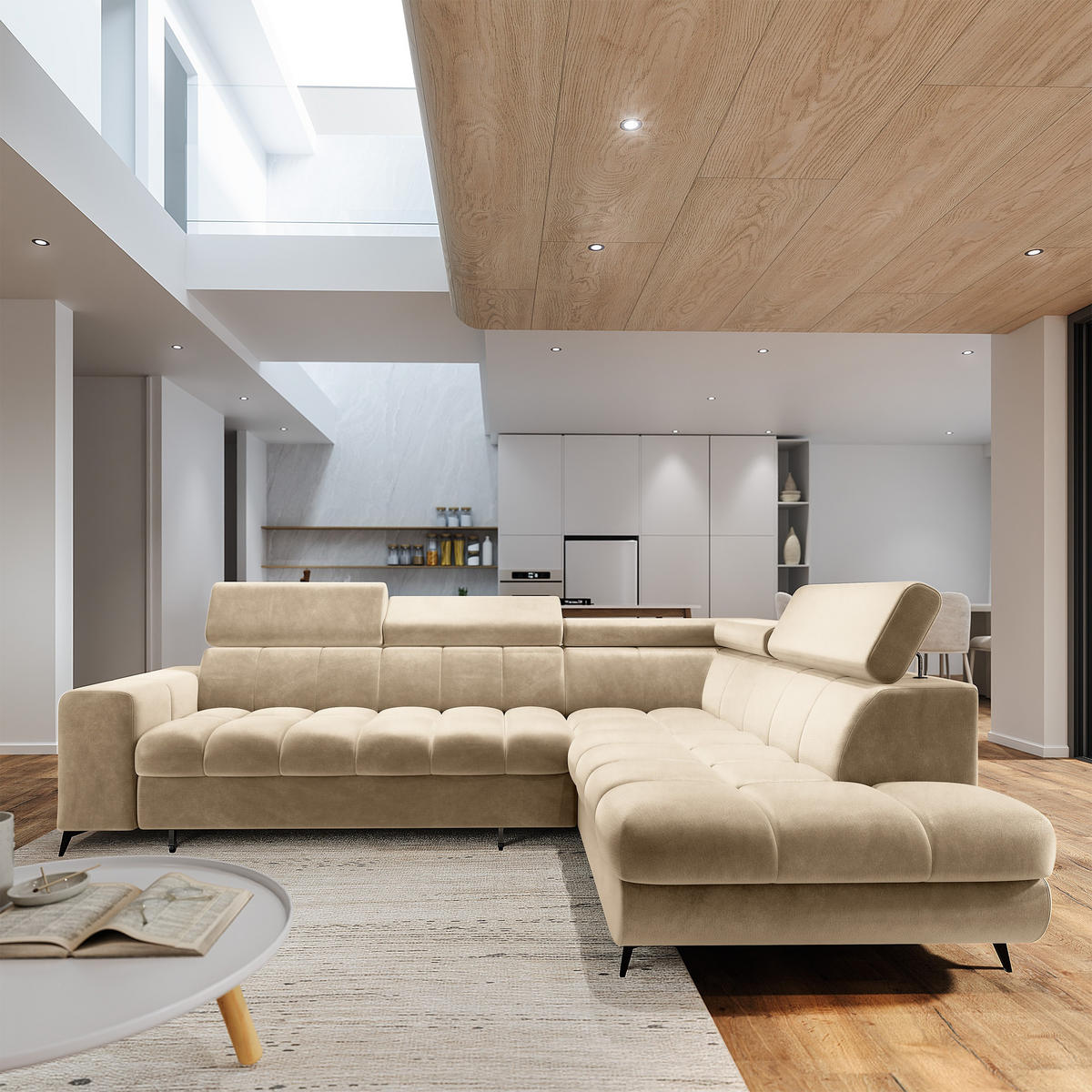 ECKSOFA MORIVA R-S Creme Velours-Stoff mit Schlaffunktion - Creme, Holz (253/190cm) - MASSENO