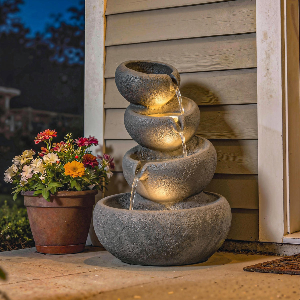 SPRINGBRUNNEN Outdoor aus Kunstharz 4-stufig Gartenbrunnen mit LED Beleuchtung Pumpe Steinoptik 35 x 32 x 50 cm - Anthrazit, Kunststoff (32/35cm)
