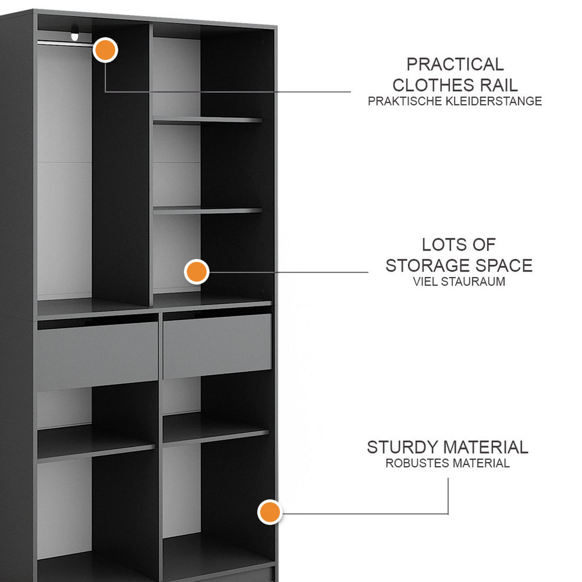 KLEIDERSCHRANK Elmo Anthrazit 100 x 200 cm mit 2 Schubladen - Anthrazit, Holzwerkstoff (100/200/50cm) - Vicco
