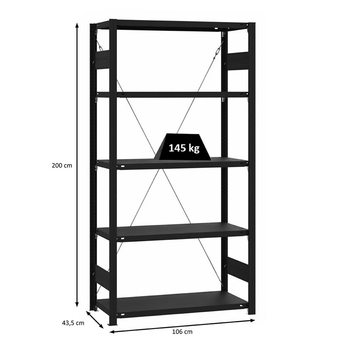 WOHNREGAL Motemo 200x100x40cm 5 Ebenen je 150kg Fachlast Matt-Schwarz - Schwarz, Metall (100/200/40cm) - PROREGAL