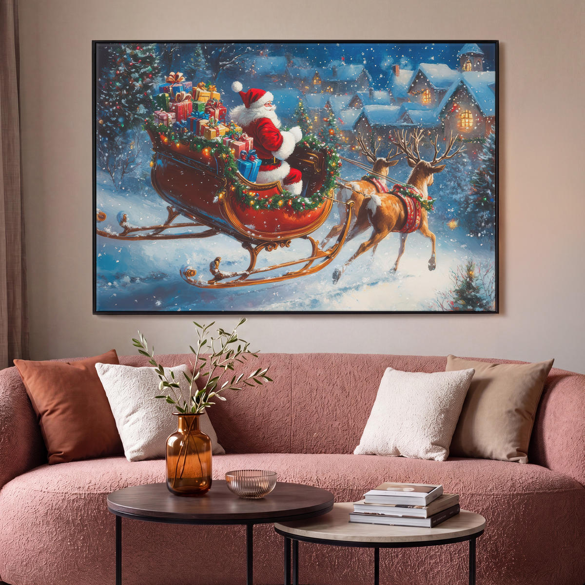 LEINWAND Bilder mit Rahmen - Weihnachtsmann - Rentier - Weihnachten - Schnee - 150x100 - Cognac, Textil (150/100cm) - MuchoWow