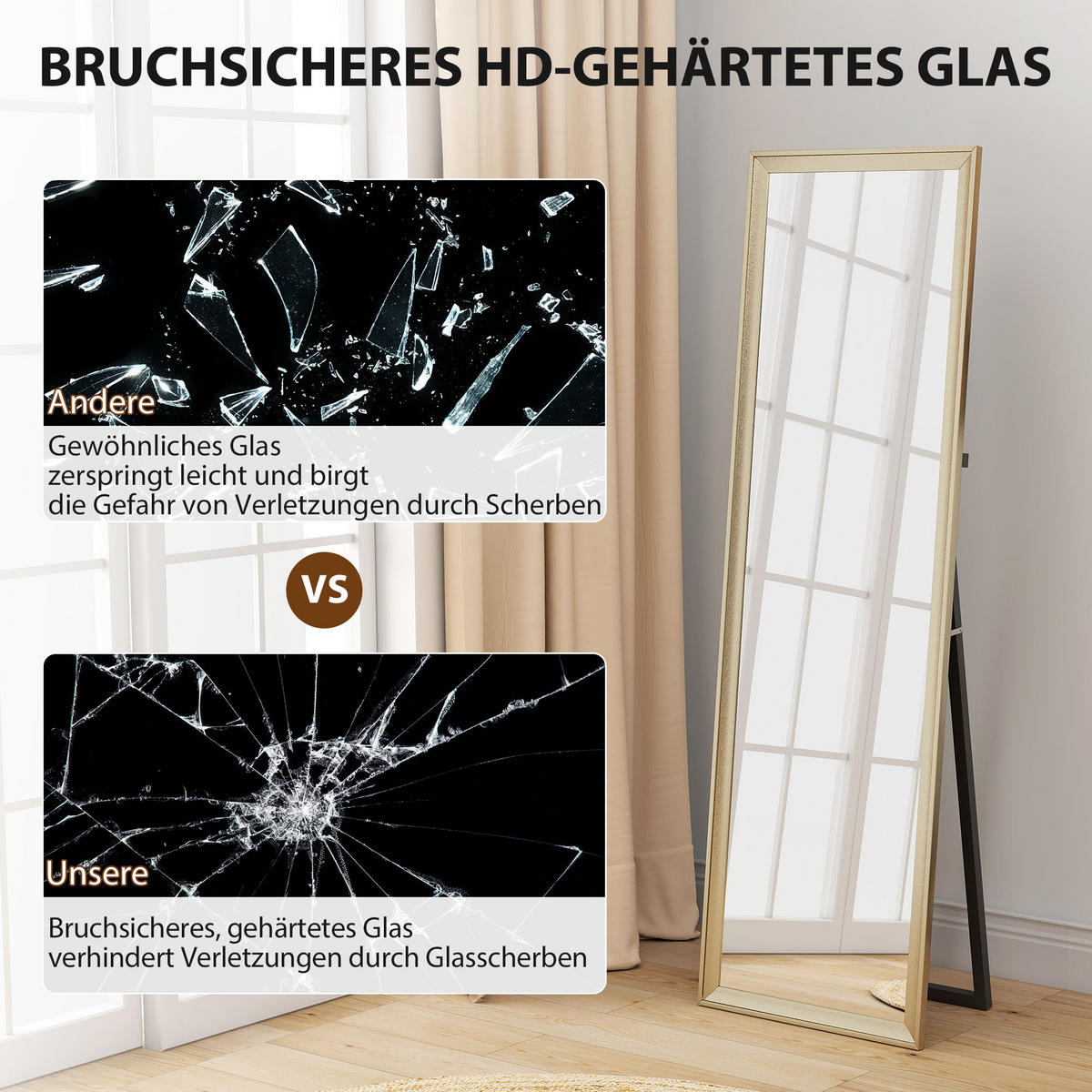 GANZKÖRPERSPIEGEL 160 x 50 cm Rechteckig Standspiegel mit Metalloptik, Gold - Goldfarben, Kunststoff (50/160/4cm) - HOMCOM