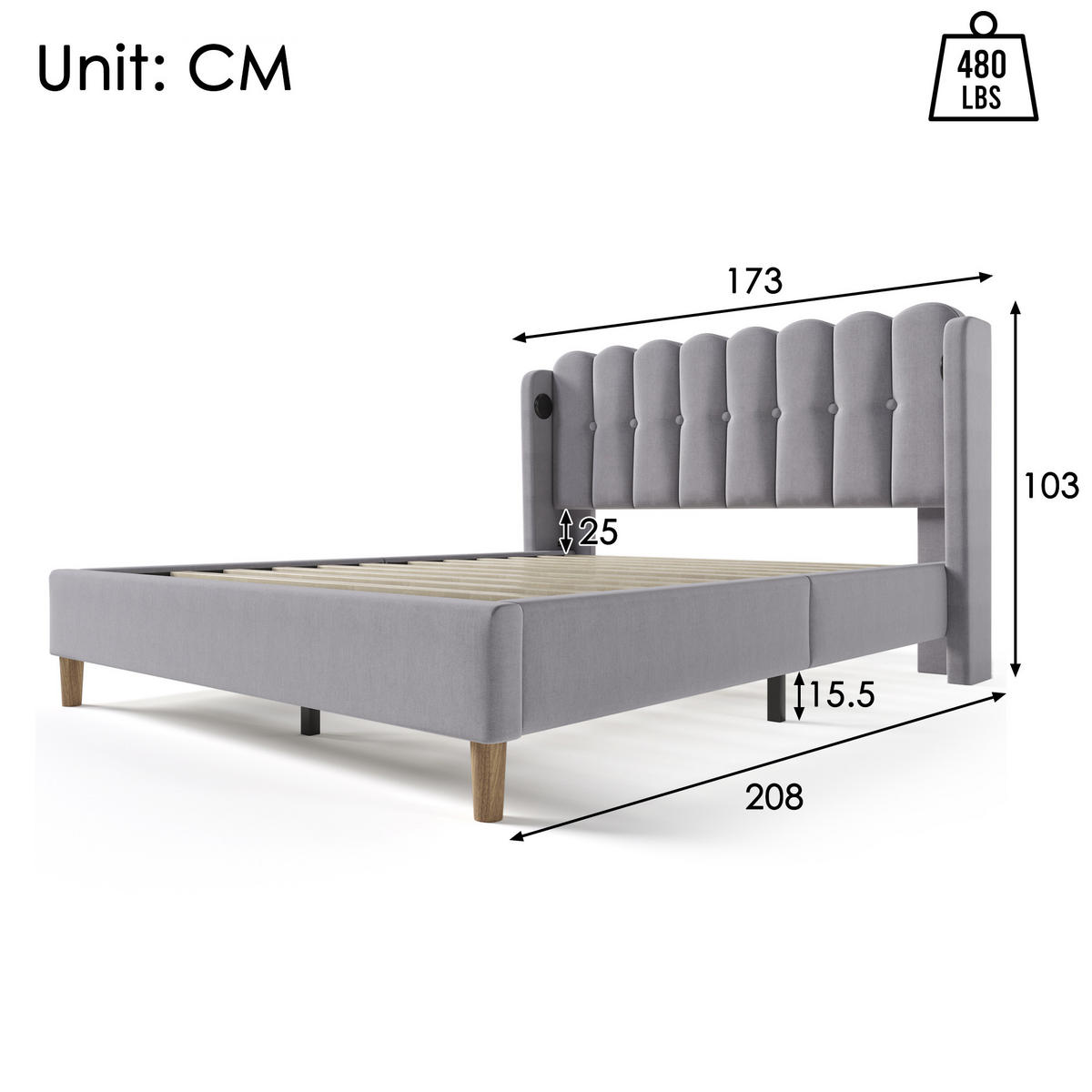 POLSTERBETT 160/200 cm Grau aus Leinen mit USB- und Typ-C-Ladefunktion - Grau, Textil (160/200cm) - OKMYHOME