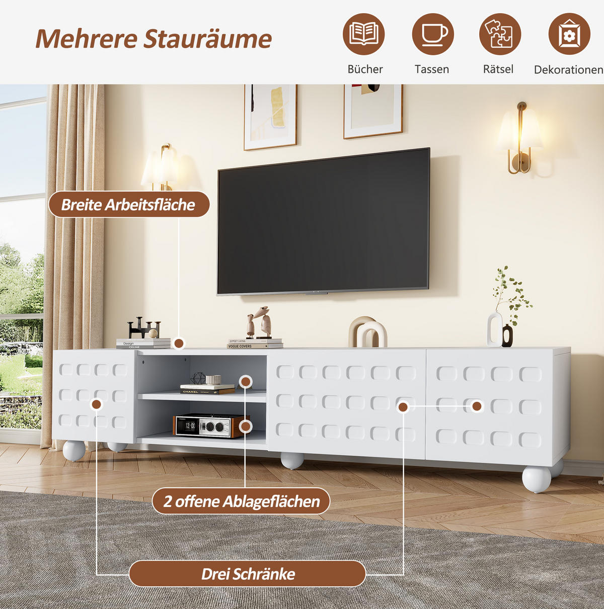 LOWBOARD 200/40/44 cm in Weiß mit 3 Türen und halboffenen Fächern - Weiß, Holzwerkstoff (200/44/40cm) - Flora Grace