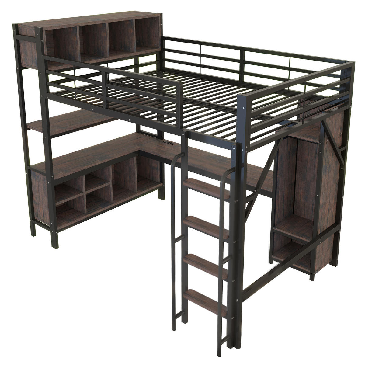 HOCHBETT 140/200 cm in Schwarz mit Schreibtisch, Kleiderschrank, Ablagefächern und LED Metall Design - Schwarz, Holzwerkstoff/Metall (140/200cm) - STILVORA