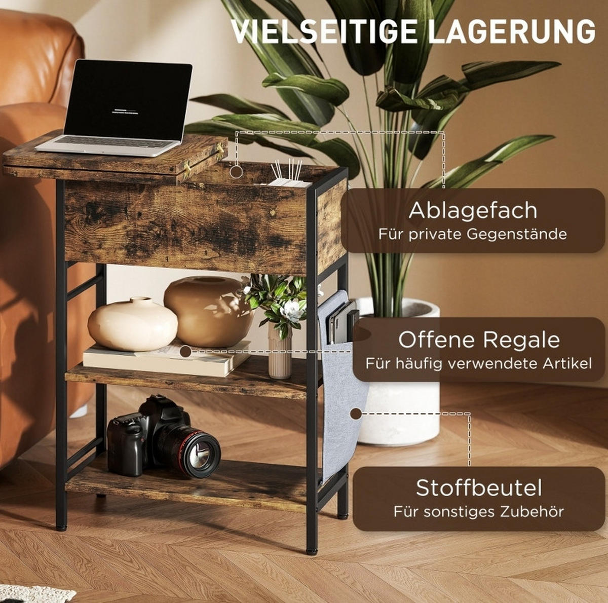 BEISTELLTISCH/NACHTTISCH mit 2 Ebenen & USB-Anschluss, 60/29,8/58,5 cm, Braun - Braun, Holz (60/58.5/29.8cm) - Redom