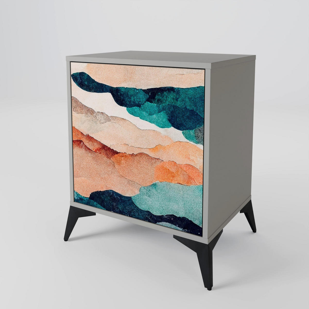 SIDEBOARD ABSTRACT LANDSCAPE, Grau, 57,5x42x72,5 cm, Schwarze Metallfüße - Multicolor/Schwarz, Holzwerkstoff/Metall (57.5/72.5/42cm) - SpaceRebels