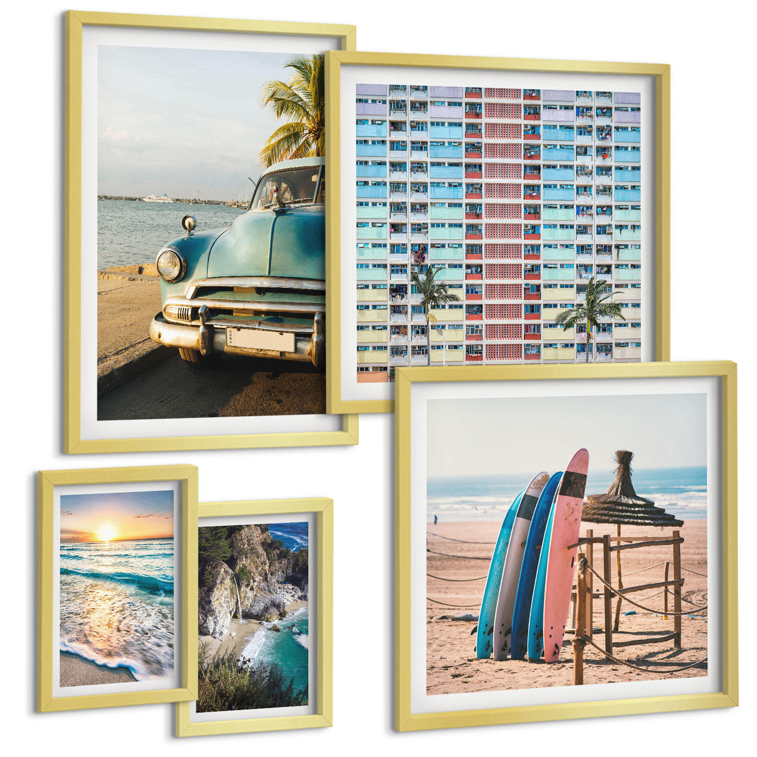 BILDER SET 5er Set - 50x50 cm & 20x30 cm & 40x60 cm Goldrahmen - Sonnenuntergang in Miami - Goldfarben, Kunststoff (40/60cm) - TULUP