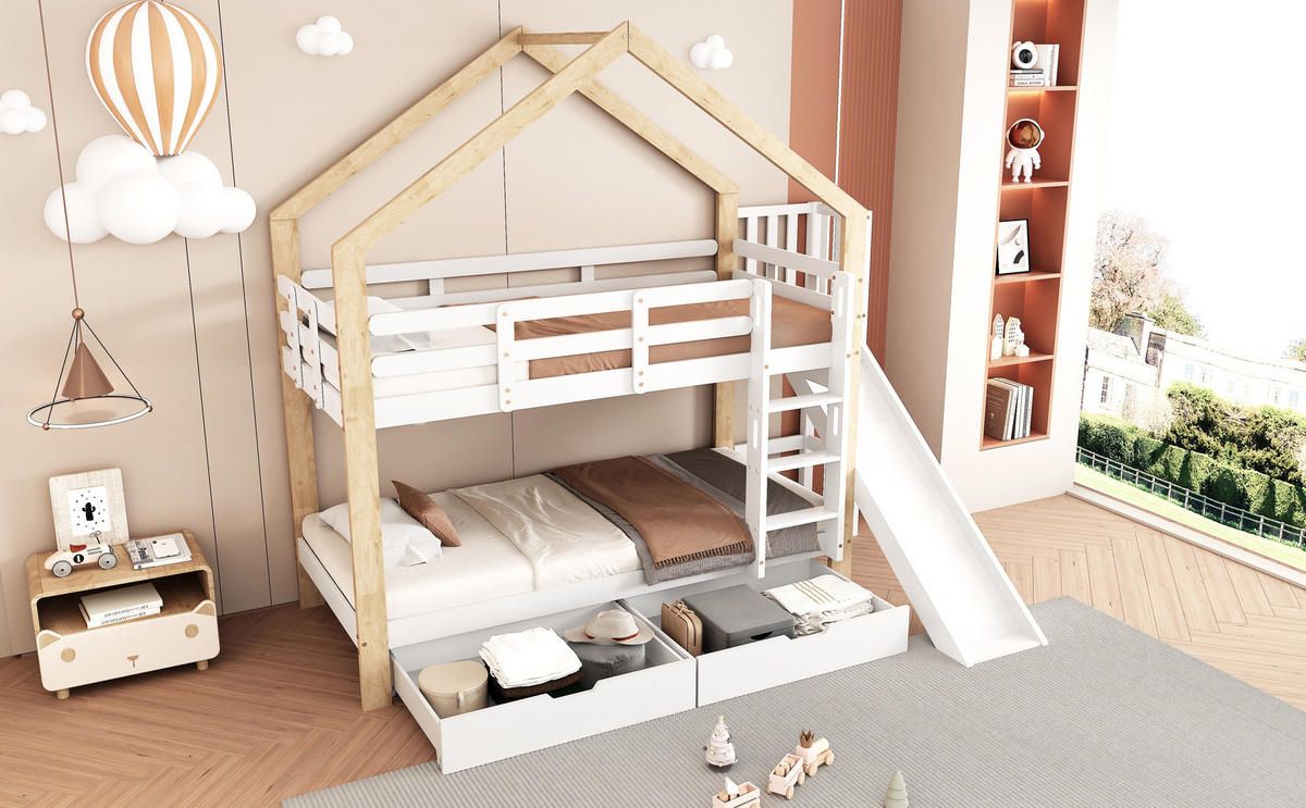 ETAGENBETT 90x200 cm mit Rutsche, Leiter und Schubladen, Massivholz & MDF, weiß-natur - Weiß, Holzwerkstoff (90/200cm) - Luhomfu