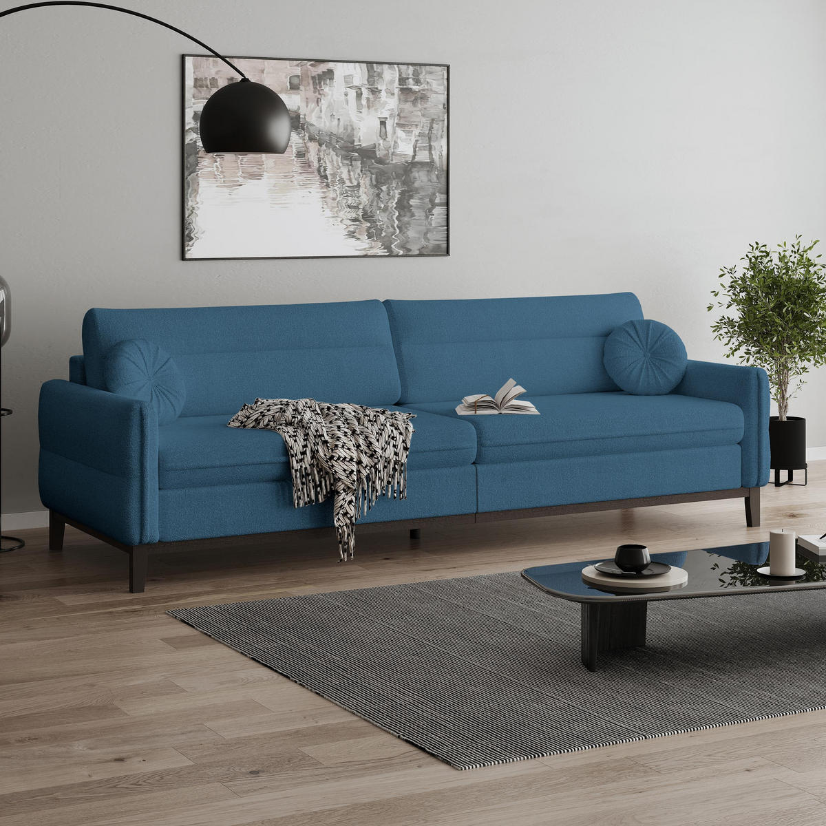 SITZGARNITUR Belweder, zwei Sofas+Sessel, Blau, Bouclé - Wengefarben/Blau, Holz/Textil (268/95/94cm) - Beautysofa
