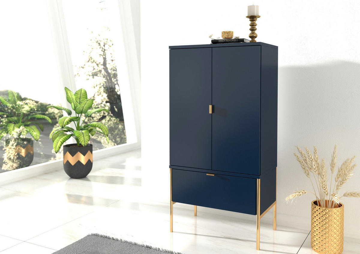 HIGHBOARD Polka, Marineblau, Goldene Details - Goldfarben/Dunkelblau, Holzwerkstoff/Metall (60/120/37cm) - Skandica