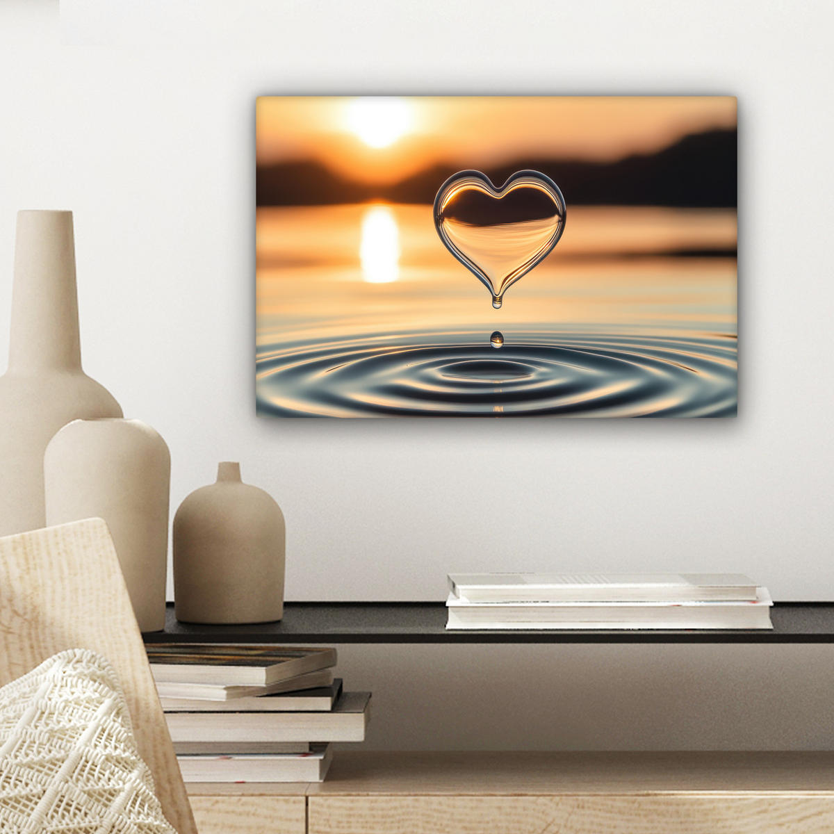 LEINWANDBILD - Herz - Wasser - Sonnenuntergang - Natur - Zen - 30x20 - Deko XXL - Bernsteinfarben, Textil (30/20cm) - MuchoWow