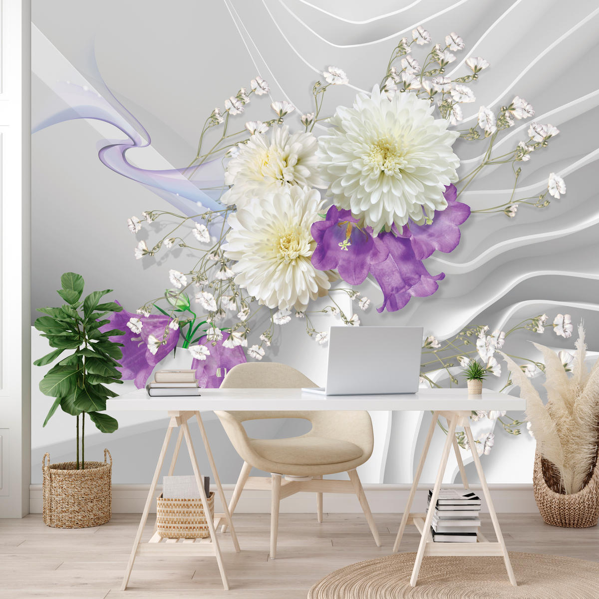 FOTOTAPETA Pre Obývaciu Izbu BLUMEN Abstraktné Vlnité Priestorové Pozadie 250 x 175 cm - sivá/biela, papier (250/175cm) - Muralo