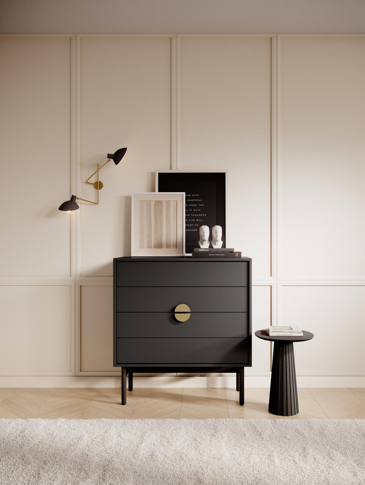 KOMMODE Stoon Schwarz 85,5 cm - Goldfarben/Schwarz, Holzwerkstoff/Metall (85.5/93/38cm) - Selsey
