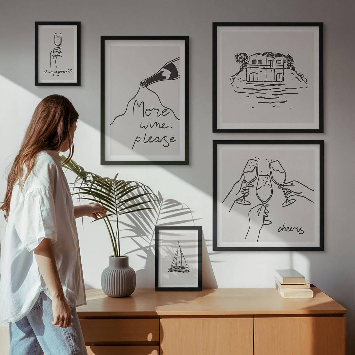 WANDBILDER 5er-Set - 50x50 cm & 20x30 cm & 40x60 cm Schwarzer Rahmen - Minimalistische Boho-Muster - Schwarz, Kunststoff (40/60cm) - ArtPrintCave