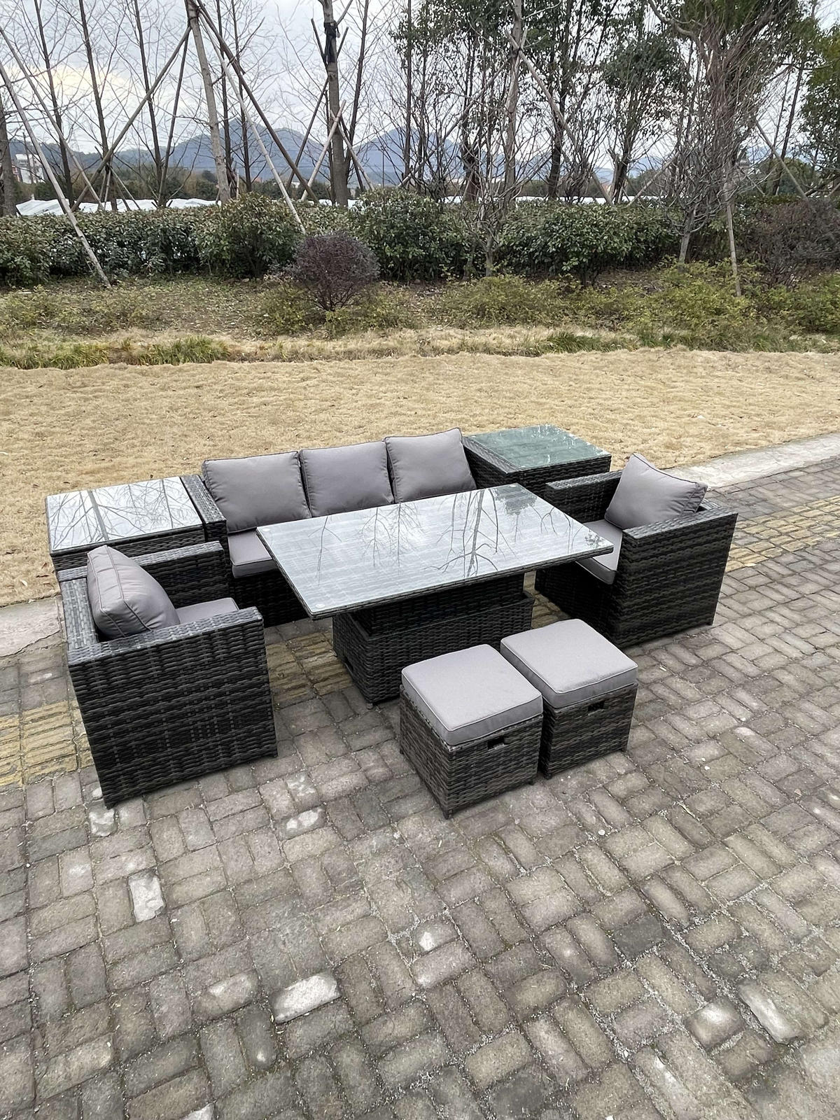 GARTENSOFA Hohe Rückenlehne Polyrattan 7-Sitzer - Dunkelgrau/Grau, Glas/Kunststoff - Fimous