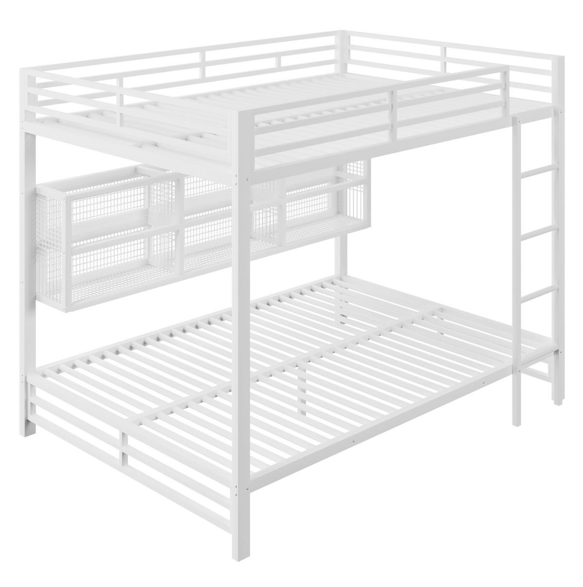 ETAGENBETT aus Metall 140x200 cm Weiß mit 6 Stauraumschränken, LED-Kopfteil und Schutzgittern - Weiß, Metall (140/200cm) - Modfu