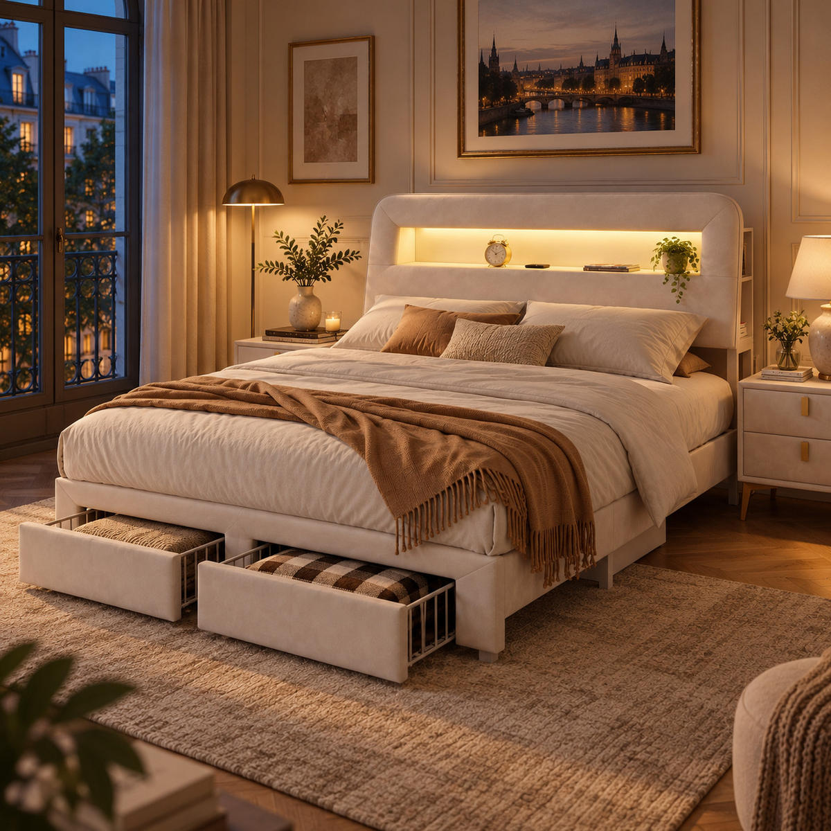POLSTERBETT 140/200 cm mit Ablagekopfteil, LED-Beleuchtung, USB-Anschluss, Seitenablagen und zwei Unterbettschubladen - Beige, Holz/Metall (140/200cm) - Joyfair