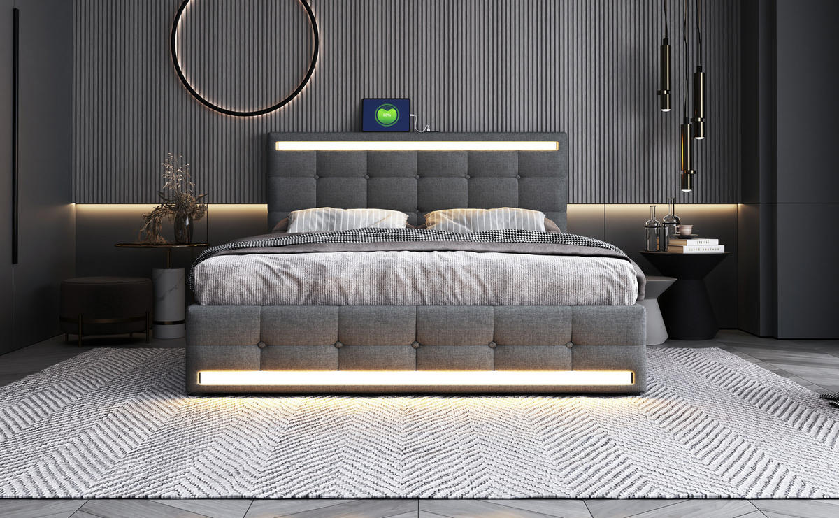 POLSTERBETT 140x200 cm LED USB Schubladen grau - Grau, Textil (140/200cm) - LEBENLANG