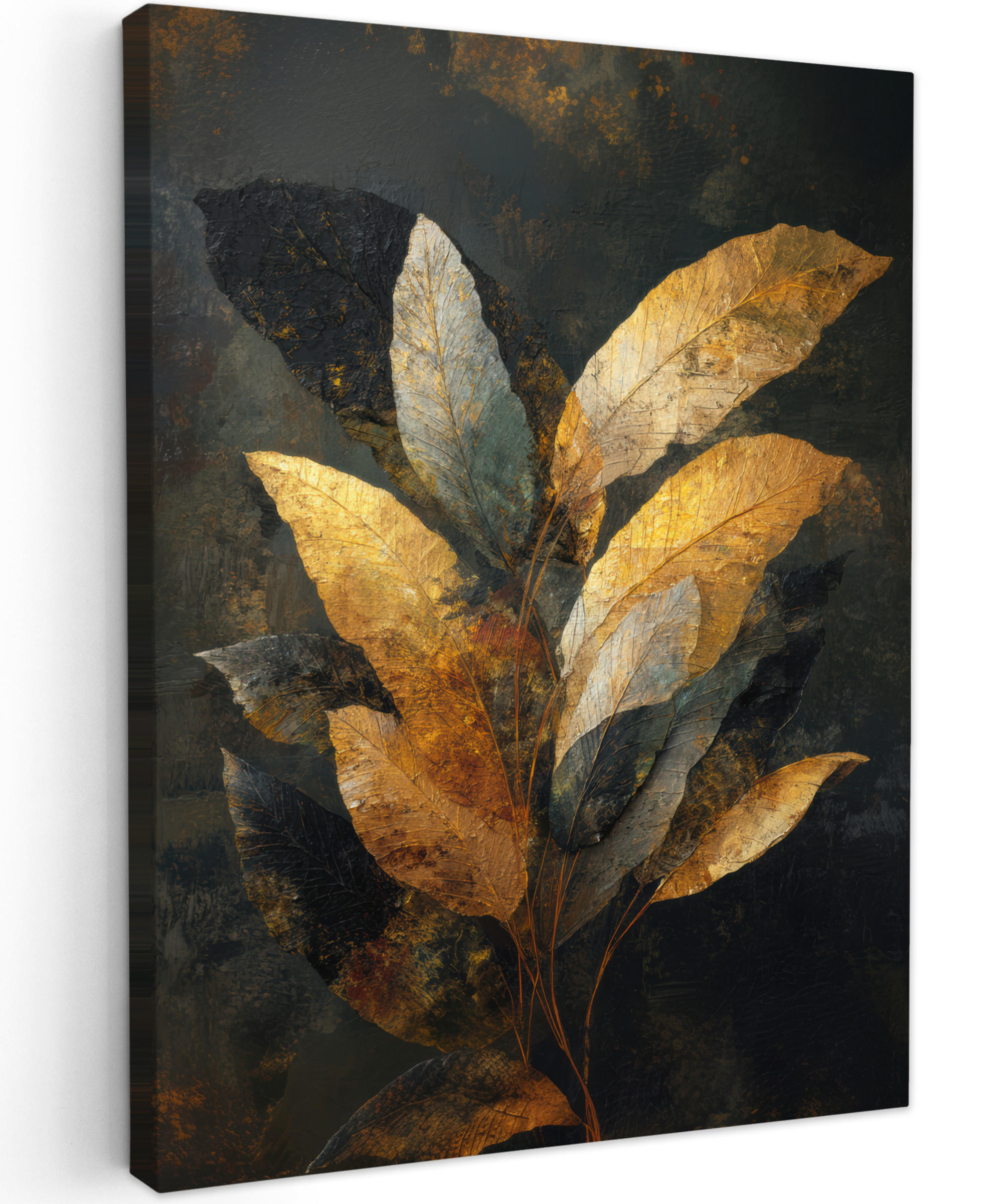 LEINWANDBILD Golden Leaf Komposition - Botanical Luxury Wandbild Wohnzimmer 60x80 cm - Goldfarben/Schwarz, Textil (60/80cm) - MuchoWow