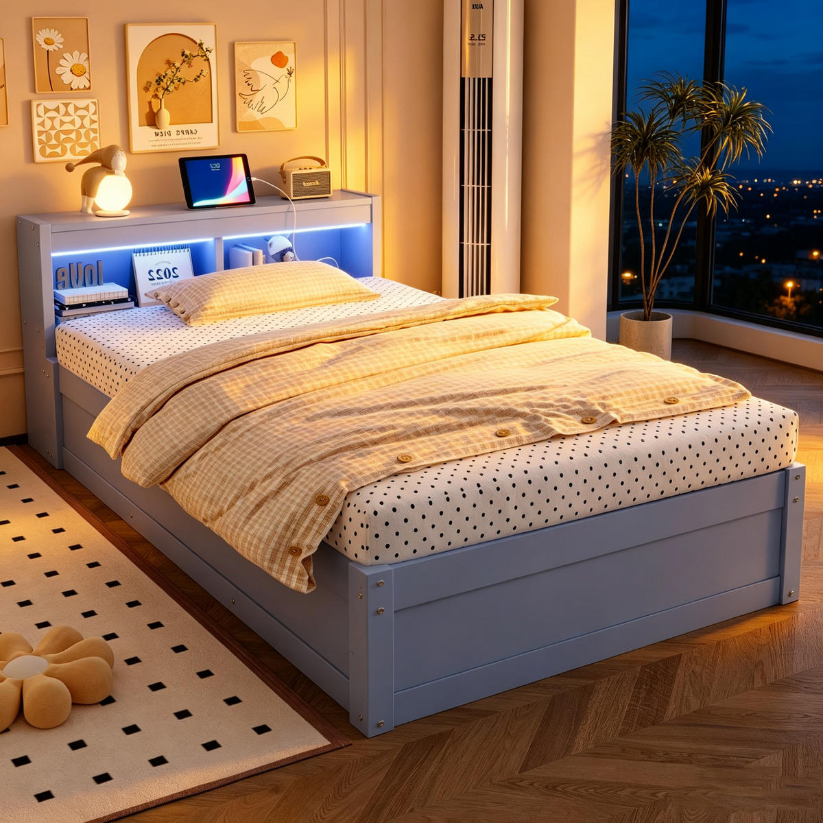 SCHLAFSOFA 90x200cm LED Stauraum Steckdose Massivholz Grau - Grau, Holzwerkstoff (90/200cm) - FLIEKS