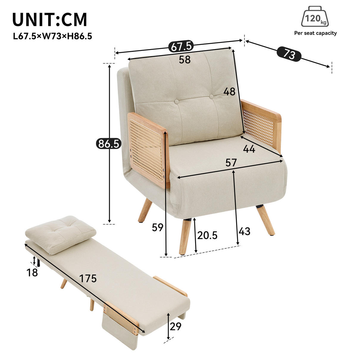 SESSEL Leinen Beige mit Schlaffunktion - Beige, Holz/Holzwerkstoff (67.5/86.5/73cm) - WISHDOR