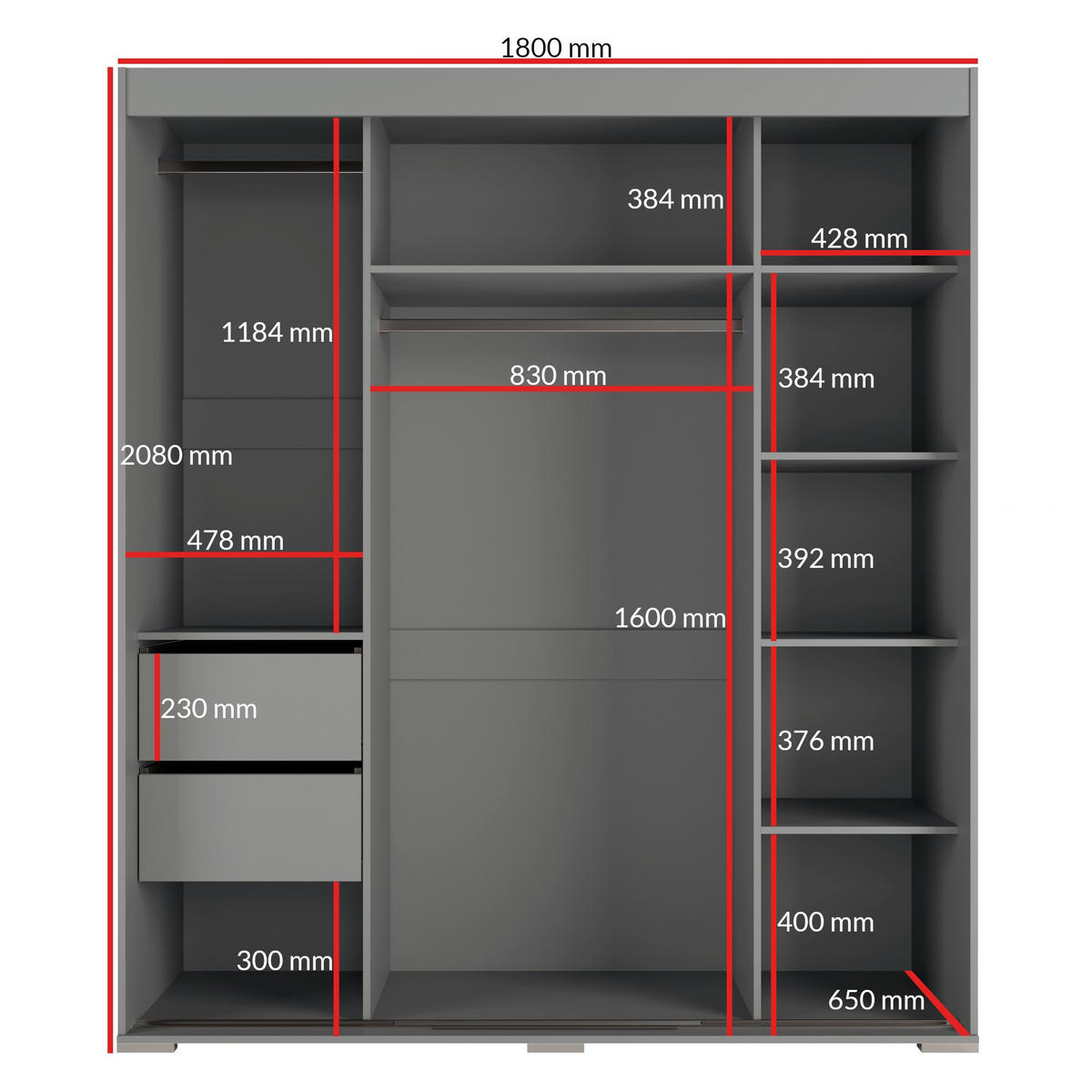 SCHIEBETÜRENSCHRANK mit Schubladen Como 3D 180 Grau (lacobel) - Silberfarben/Grau, Holzwerkstoff/Metall (180/208/67cm) - mzm24