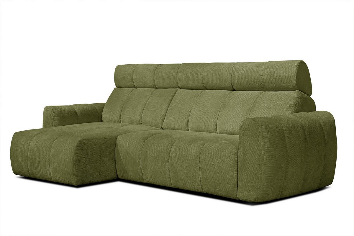 ECKSOFA KIMI 3-Sitzer, ausziehbarer Sitz, verstellbare Kopfstützen, olivgrün - Schwarz/Olivgrün, Holzwerkstoff/Textil (270/160cm) - Courtois Laville