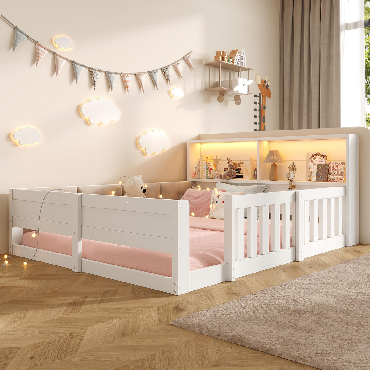 FLACHBETT 140x200cm Gitter Kinderbett LED Weiß - Weiß, Holzwerkstoff (140/200cm) - FLIEKS