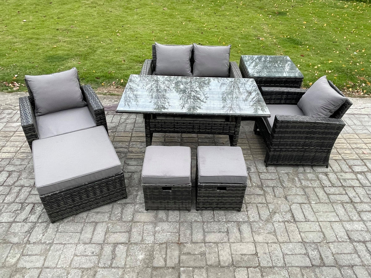 GARTENMÖBELSET mit 2 Sesseln,Zweisitzer,3 Hockern,Esstisch,Beistelltisch Polyrattan Dunkelgrau 7-Sitzer - Dunkelgrau/Grau, Glas/Kunststoff - Fimous