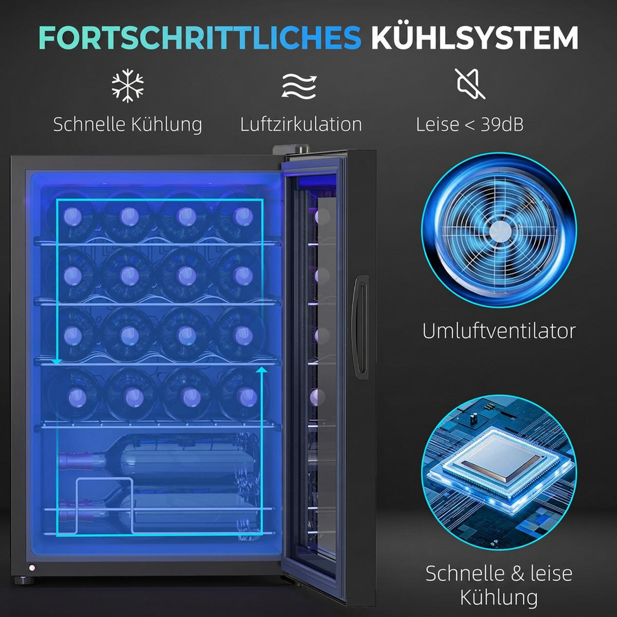 WEINKÜHLSCHRANK Metall Hartglas Schwarz - Schwarz, Metall (45/64/43cm) - HOMCOM