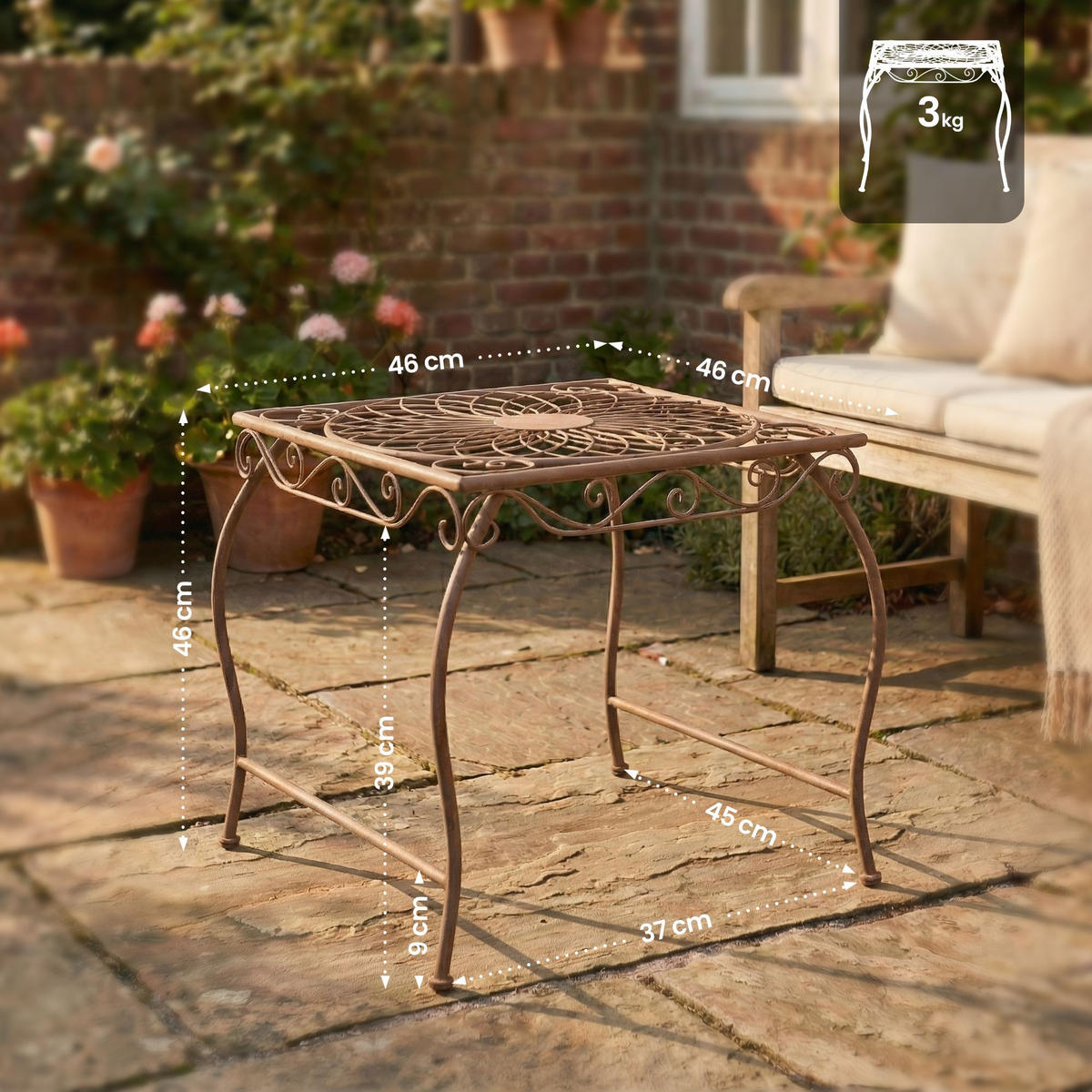 GARTENTISCH eckig 49/45/46 cm Metall Antik Braun - Braun, Metall (45/49/46cm) - CLP